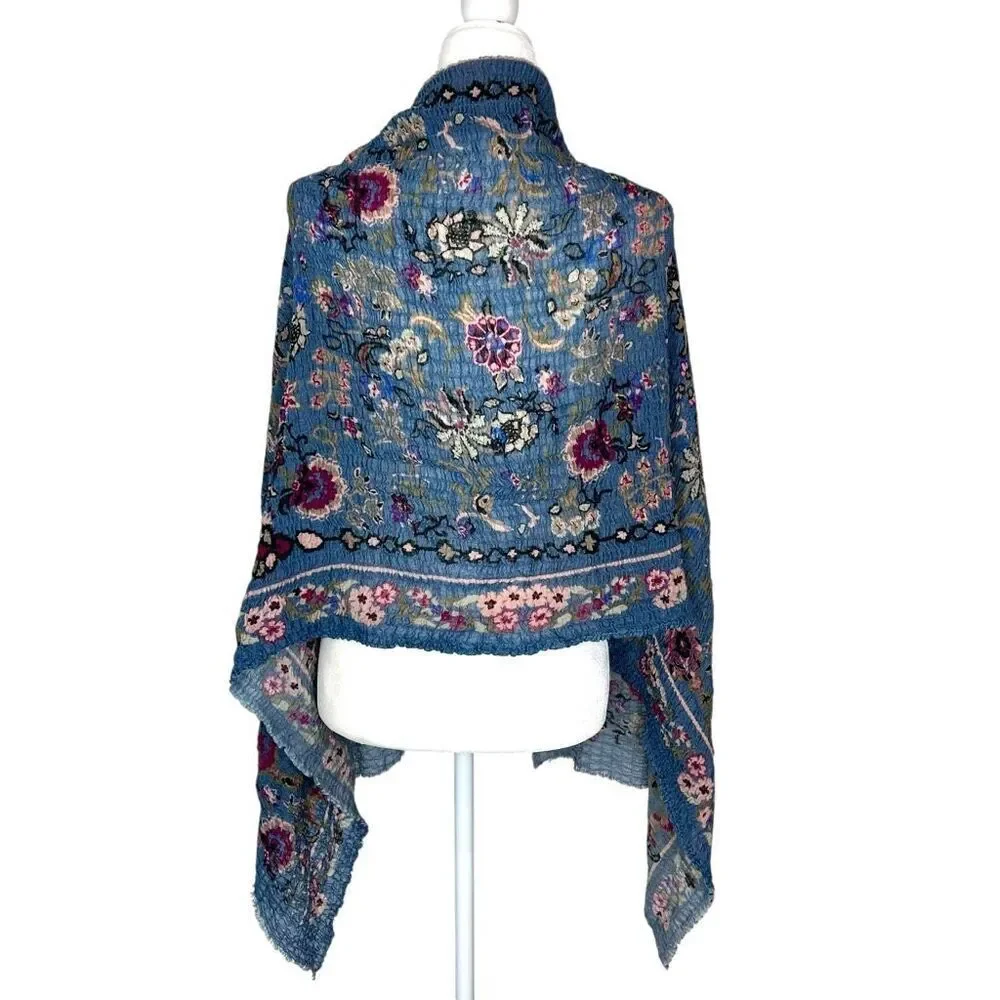 Wrap Scarf Womens One Size Blue Red Wool Blend Floral Print Crinkled Stretch